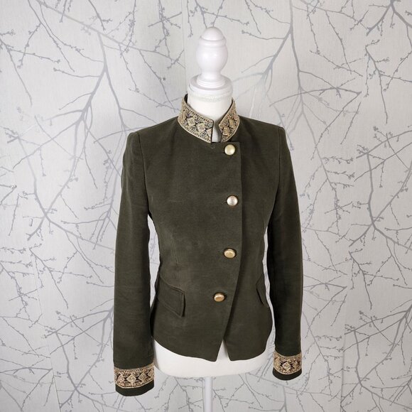 Zara Green Velvet Gold Embroidered Military Jacket - Picture 2 of 10